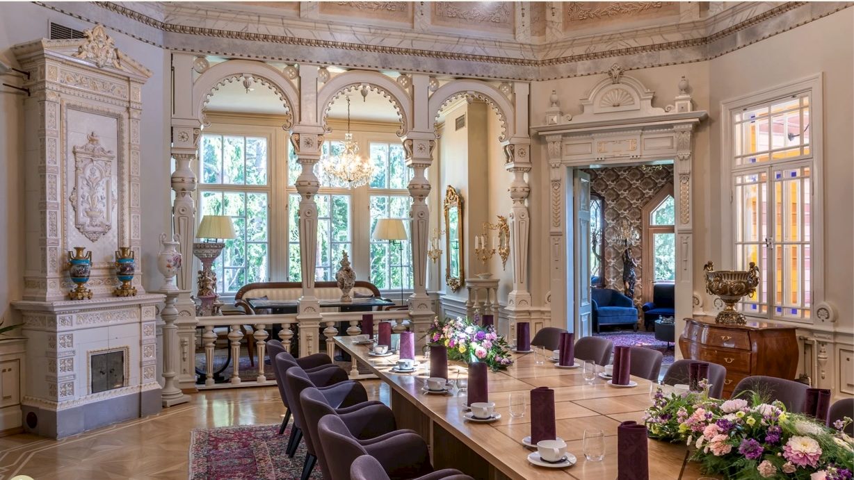 The dining room at Rauhalinna, the 1900 villa near Savonlinna on Lake Saimaa