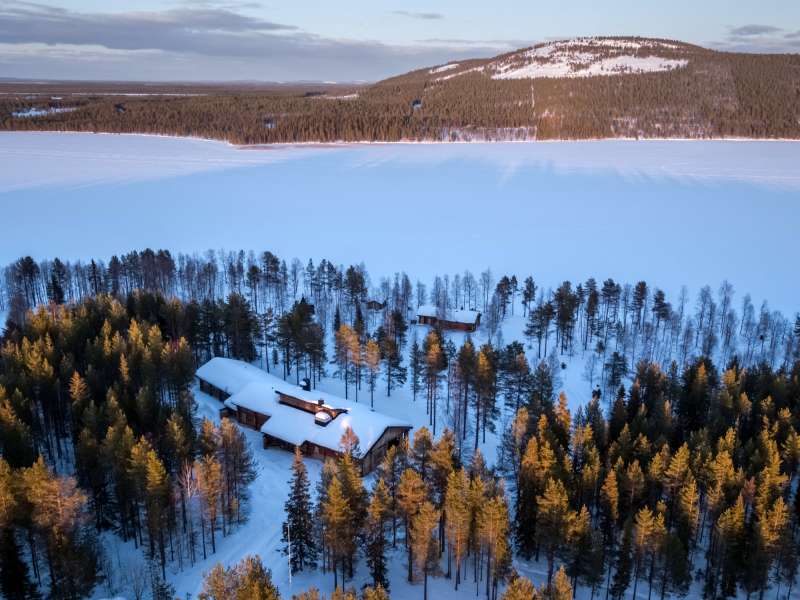 Sunday Morning Resort from the air in winter, Pyhä, Finnish Lapland