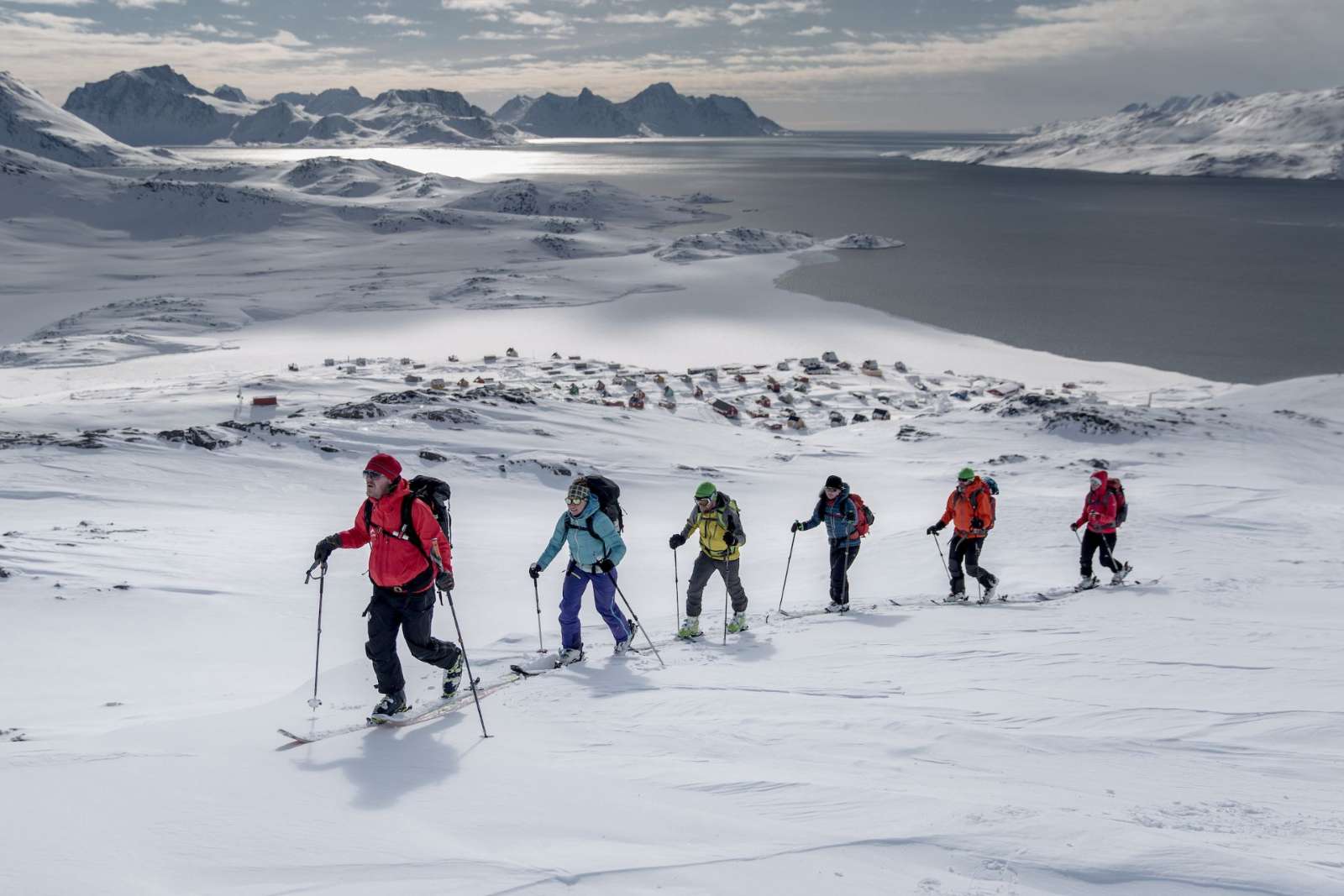 A ski-touring group above Kuummiut in East Greenland