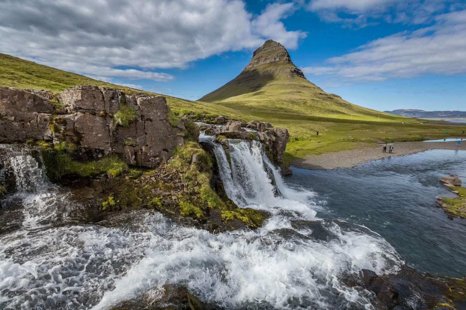 Kirkjufell mountain with waterfall in summer, Iceland