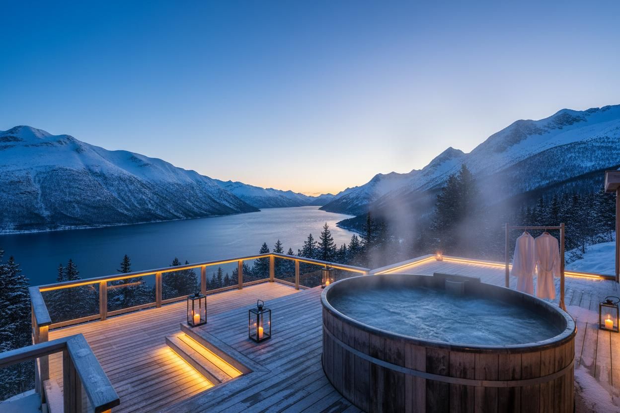 A quiet lakeside sauna at dusk in the North