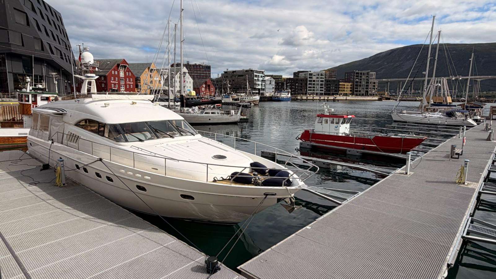 A motor yacht berthed in Tromsø harbour, northern Norway