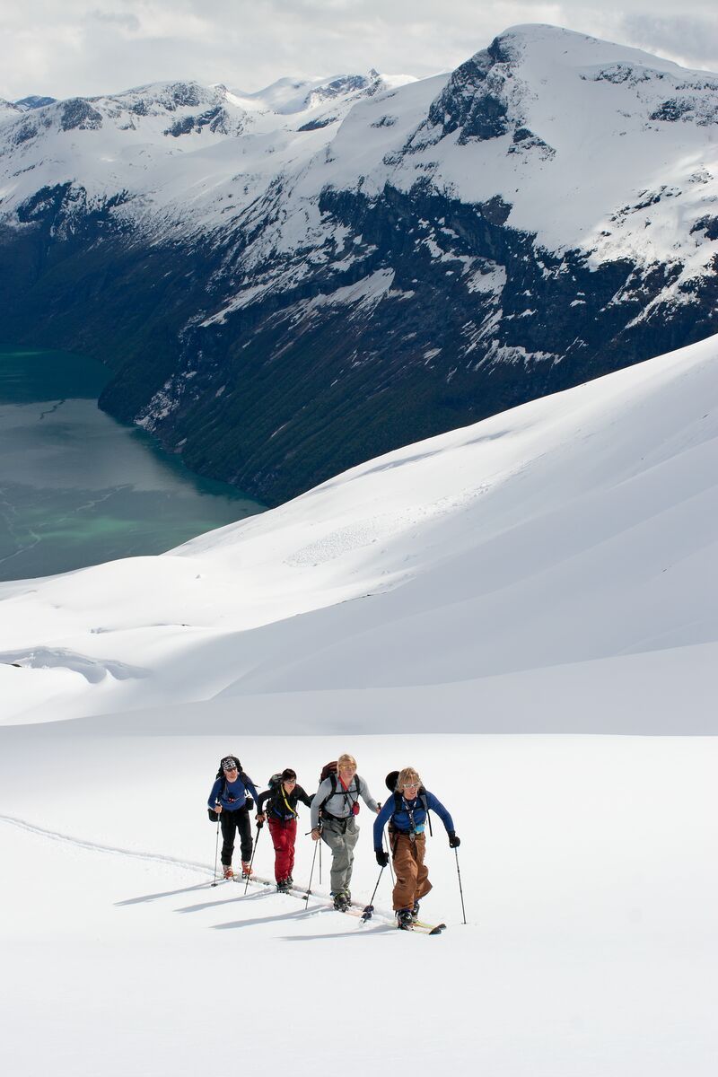 Ski touring with the Geirangerfjord below