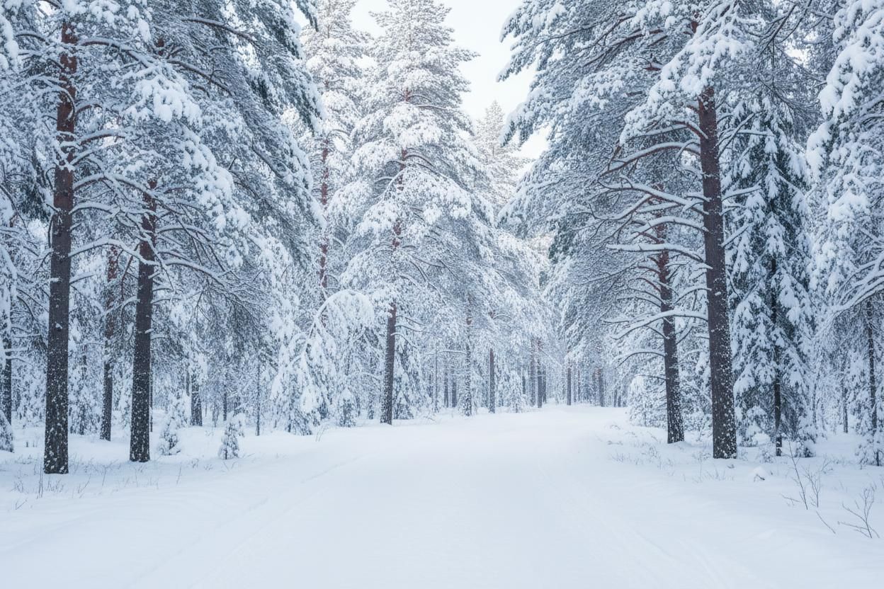 A still, snow-laden northern forest